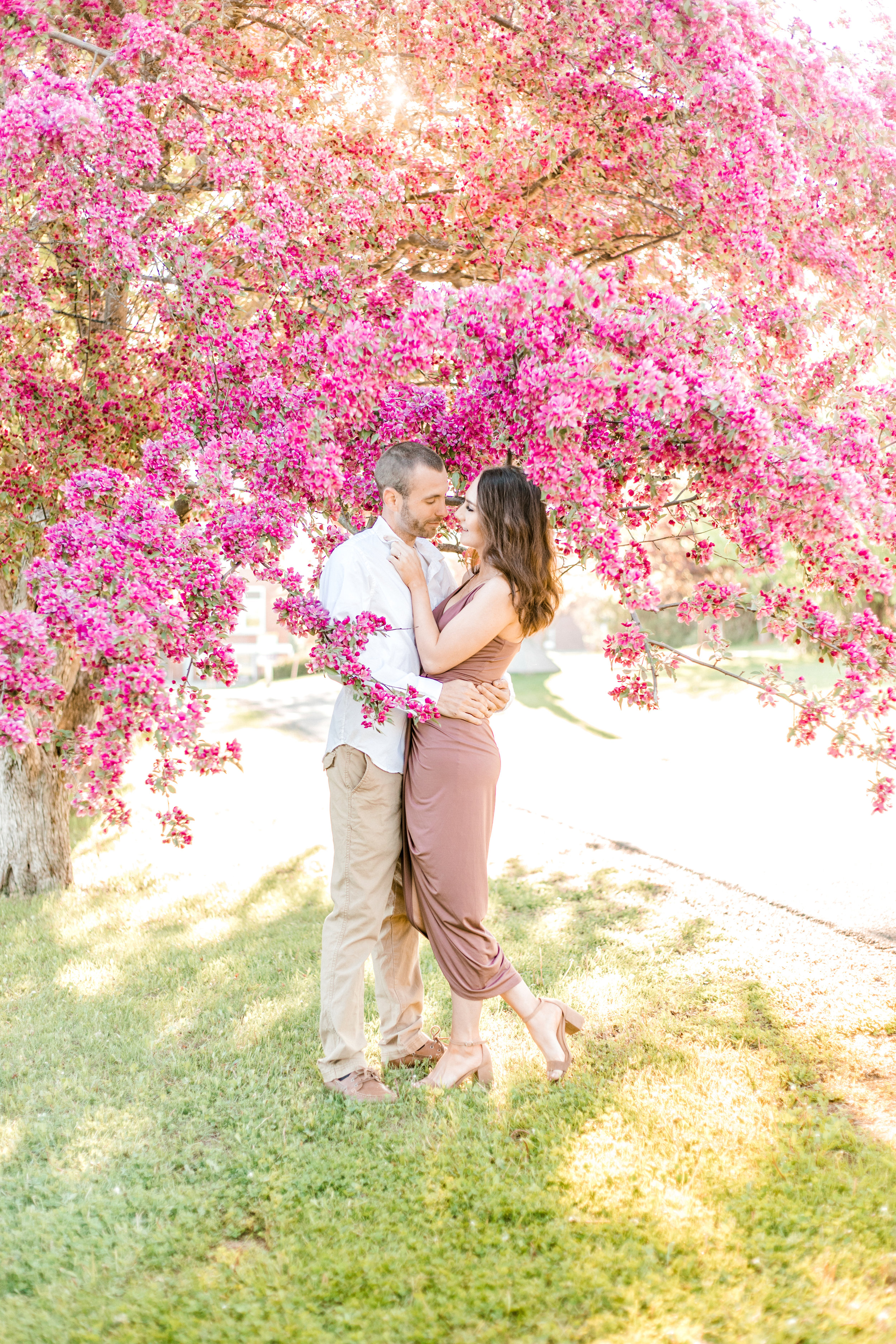 Engagement pictures should be romantic and fun! This golden glow session was jus that. Sunrise orchard engagement photo ideas with flower blossoms for engagement photos in an apple orchard.
