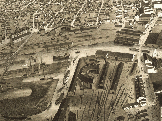A depiction from 1879 of where the Harley-Davidson Museum sits today. The bridge to the left is about where 6th Street is today.