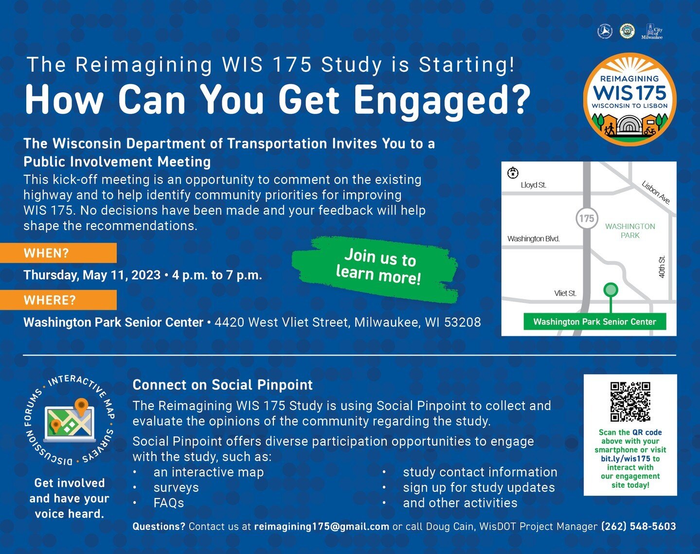 It's time to reimagine WIS175. This first kickoff meeting will look at existing conditions of the highway, you can help identify community priorities for improvements. Learn more and sign up for updates at https://graef.mysocialpinpoint.com/wisdot175