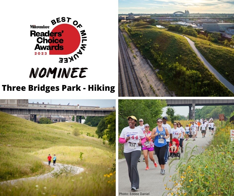 Three Bridges Park is in the running for best hiking in @MilwaukeeMag&rsquo;s 2023 Readers' Choice Awards! You can vote once a day from now through June 11 at https://vote.milwaukeemag.com/. See you in the park! 

@urbanecologycenter #threebridgespar