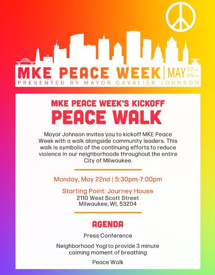 @mayorofmilwaukee is kicking-off MKE Peace Week with a Peace Walk that starts at @journeyhouse and through the Clarke Square neighborhood (1 mile) on Monday, May 22 @ 5:30 PM. All are welcome!

#mkepeacewalk