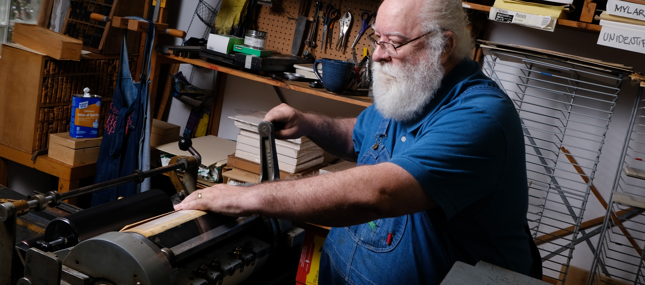 Craig Jobson creates book art, for which he sets the type one letter at a time, right here in Evanston at his Lark Sparrow Press. Have a look as Craig cranks his press and gets some ink on paper →