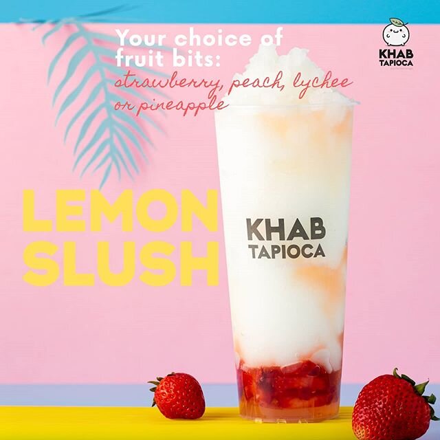 Our lemon 🍋 slush is perfect to beat the heat. Tart and sweet. Fruit bits on us ✌️. Choose from lychee, pineapple, peach or strawberry.