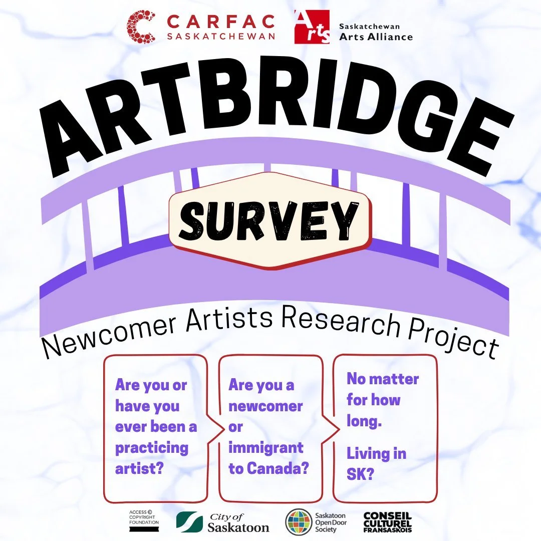 Reminder that responses to the Artbridge Survey will be accepted on an ongoing basis, until the project&rsquo;s response goals are met.

🌉Survey found at: carfac.sk.ca/news/artbridge

The Artbridge Newcomer Artists Research Project aims to gather in