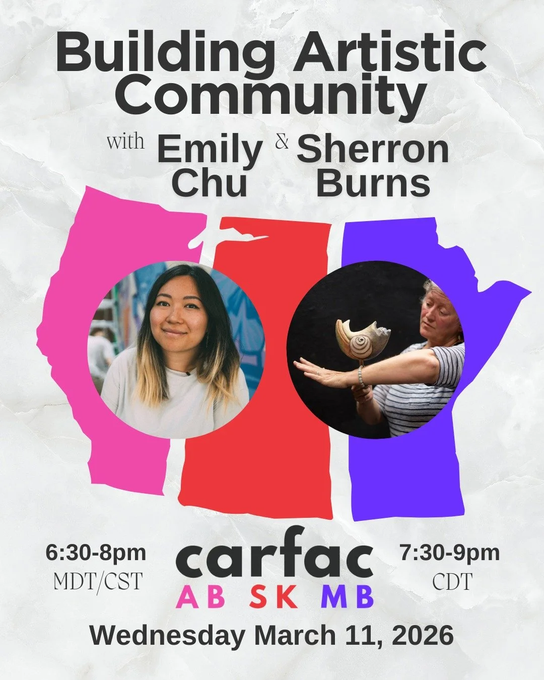 As part of the Prairie Webinar Series, CARFAC Alberta, CARFAC SASK and CARFAC Manitoba are pleased to present: BUILDING ARTISTIC COMMUNITY with Emily Chu &amp; Sherron Burns on Wednesday March 11th at 6:30pm (CST).

Registration and presenter bios li