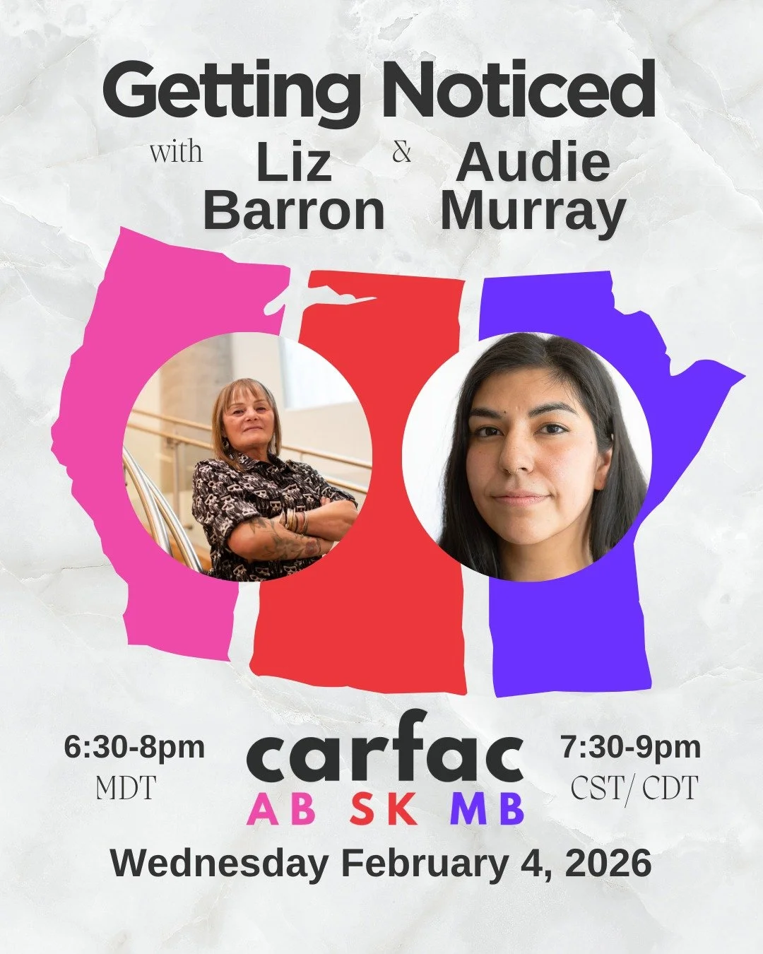 ONE WEEK FROM TODAY! 

The Prairie Webinar Series presents: GETTING NOTICED AS AN ARTIST with Liz Barron &amp; Audie Murray on Wednesday February 4th at 7:30pm (CST).

Registration and presenter bios linked in our Instagram bio or found at: carfac.sk