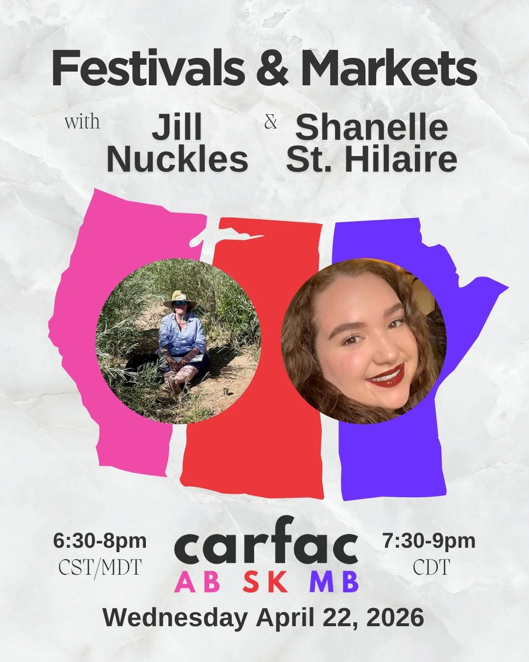 One week from today!

As part of the Prairie Webinar Series, CARFAC Alberta, CARFAC Saskatchewan and CARFAC Manitoba are pleased to present: MARKETS &amp; FESTIVALS with Jill Nuckles &amp; Shanelle St. Hilaire on Wednesday April 22, 2026.

Registrati