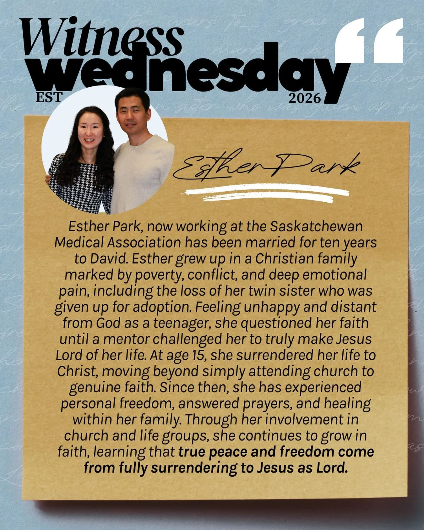 Witness Wednesday is where we share testimony and stories of God&rsquo;s never-ending love for us.
Episode 1 : We have Esther Park and her story of how she came to learn that there is true peace and freedom when you fully surrender to Jesus as Lord. 