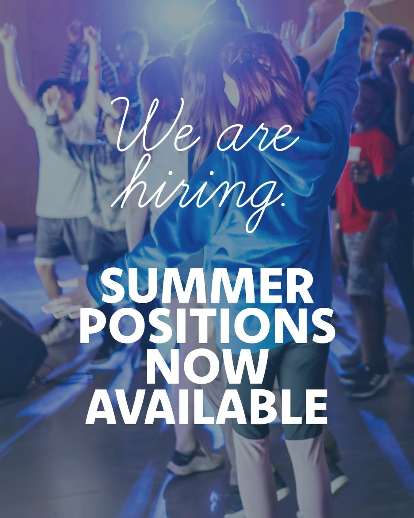 We&rsquo;re hiring for the summer! 

Looking for an opportunity to grow, serve, and make an impact this summer? We have summer employee positions now available!

Available Positions:
&bull; 2 Kids Ministry 
&bull; 2 Youth Ministry 
&bull; 1 Social Me
