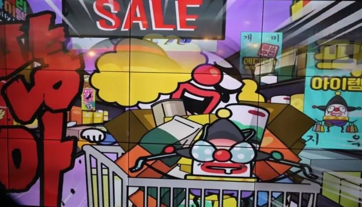 Consumption as frenzied, frenetic play on the electronic signboard at Pierrot Shopping in Dongdaemun's Doota.