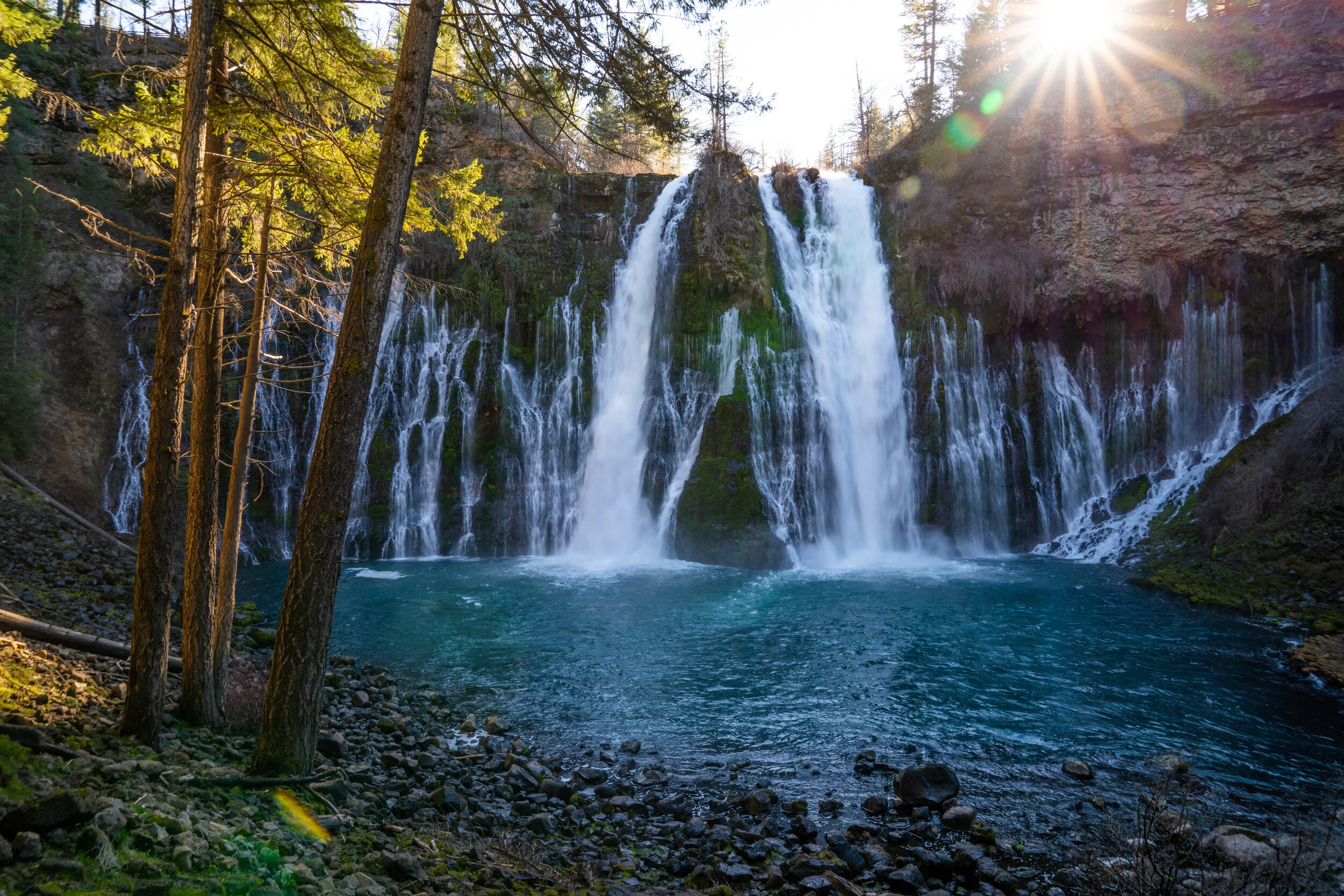  Sun sets over Burney Falls waterfall 