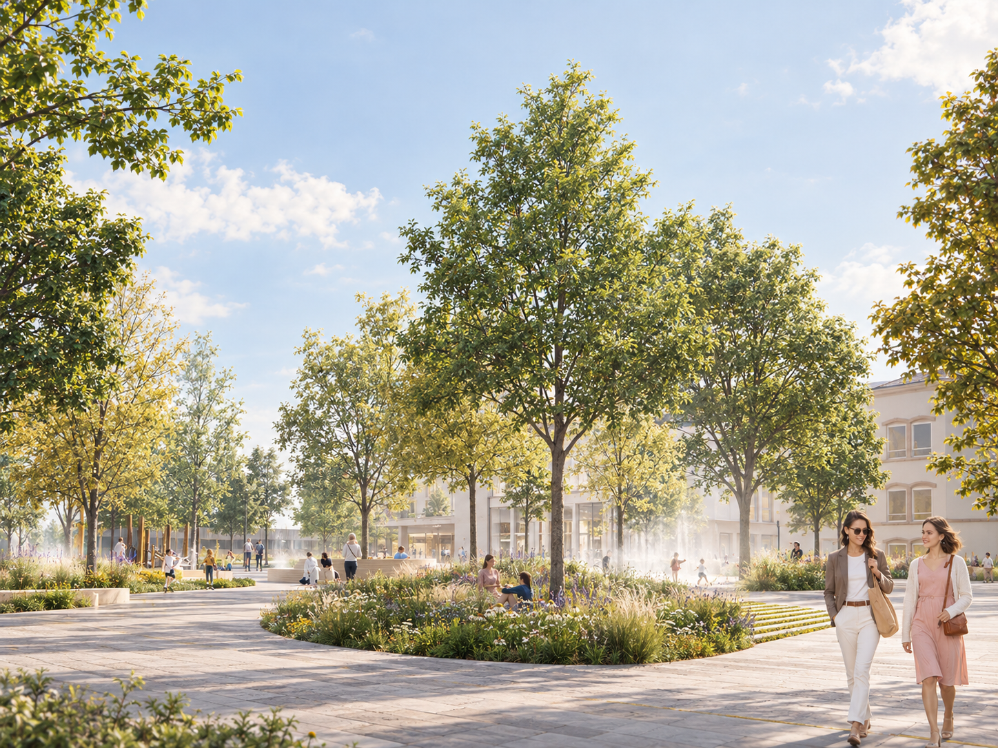 Sonnige Stadtplaza mit blühender Parkinsel.png