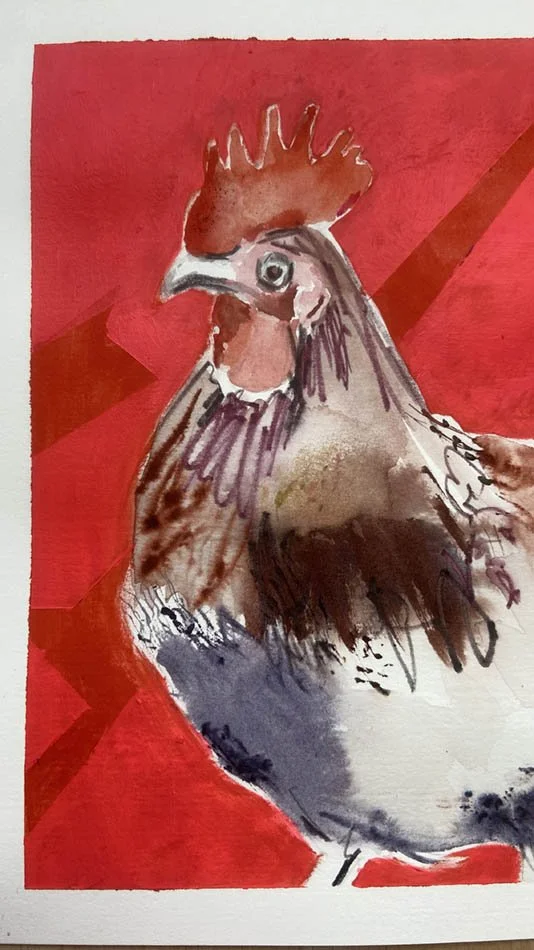 Colourful cockerel painting detailed view of head and body