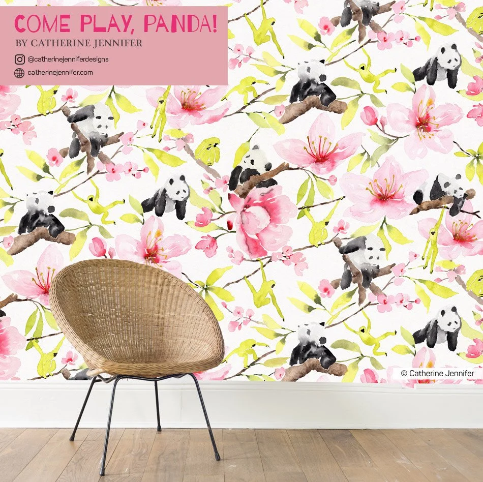 "Come Play, Panda!" - a handpainted watercolour pattern by Catherine Jennifer. Featuring pandas and gibbons in lime greens and cherry-blossom pinks.