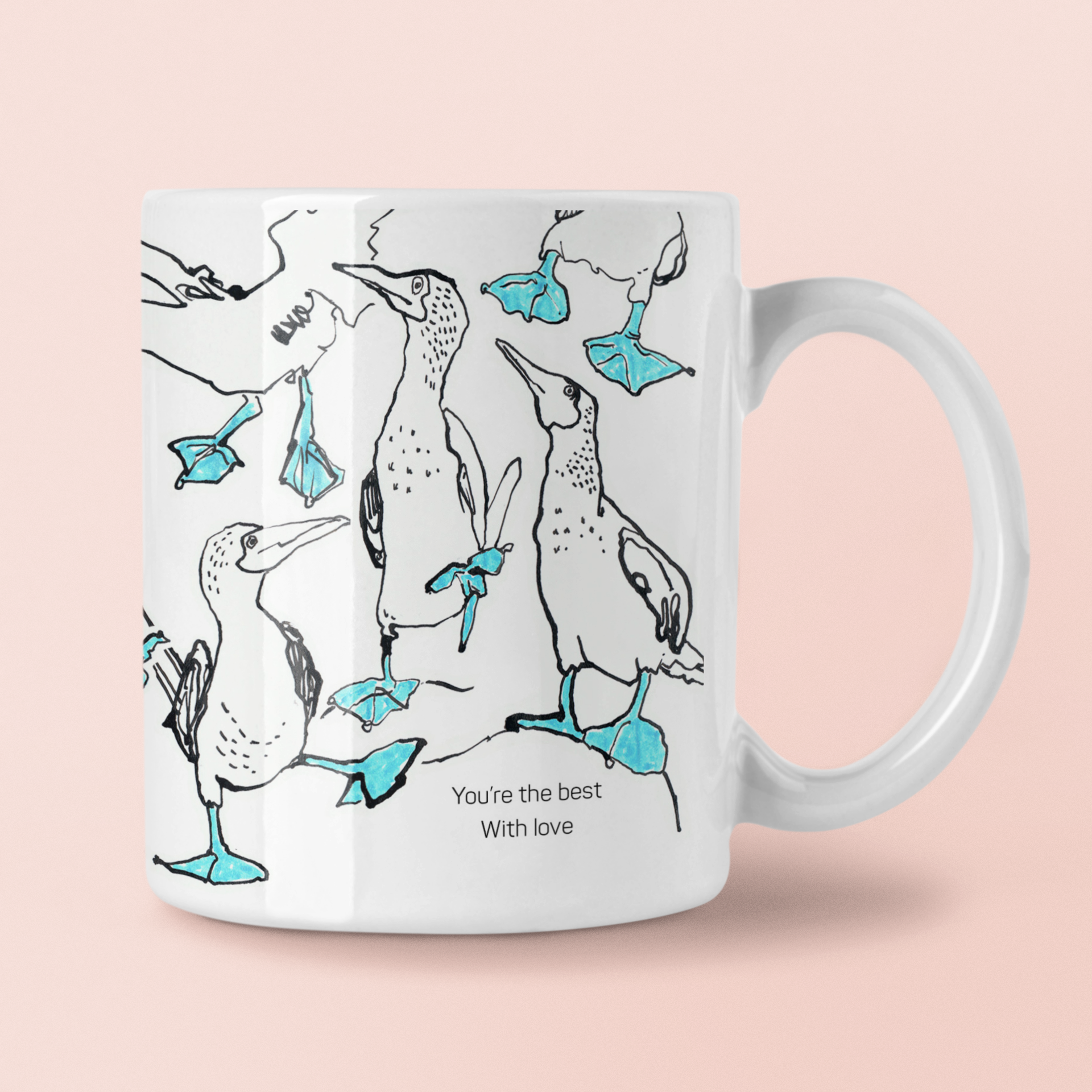 Designer mug featuring Blue-Footed Booby ink drawings by artist Catherine Jennifer. Will light up your coffee experience. For bird lovers and art lovers!