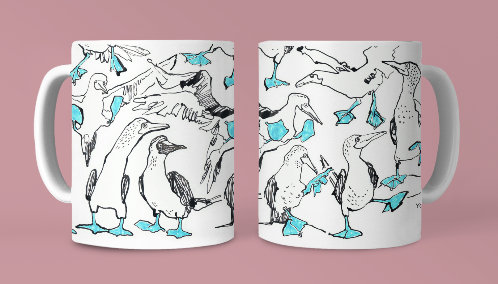 Designer mug featuring Blue-Footed Booby ink drawings by artist Catherine Jennifer. Will light up your coffee experience. For bird lovers and art lovers!