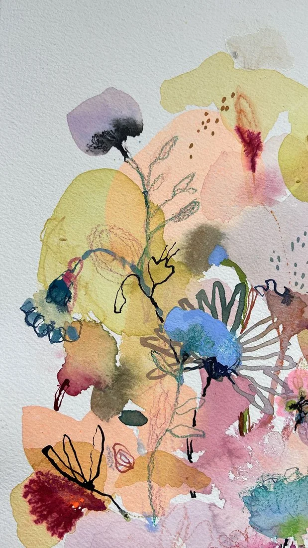 Close-up of Daydreaming showing loose yellow, peach and lilac watercolour blooms with playful ink-drawn details.