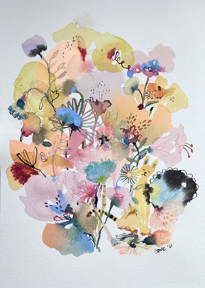 Daydreaming, original cat and floral watercolour painting by Catherine Jennifer, featuring a yellow cat surrounded by abundant colourful flowers.