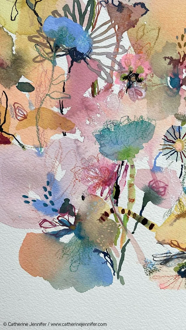 Detail of the original floral watercolour painting, featuring layered pink, turquoise, blue and peach blooms with loose brushwork.