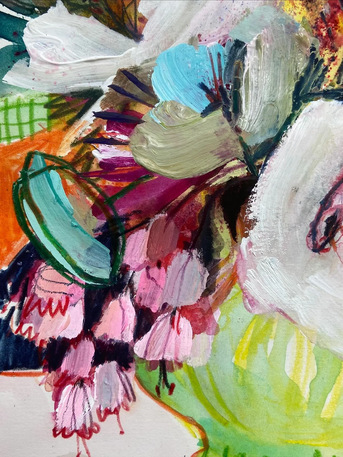 Monday morning painting. Colours and paint make me happy.  I&rsquo;m working towards something bolder, being more visceral with the paint. I nearly gave up on this one but in the last moments the addition of bright green lines brought it to life. I&r
