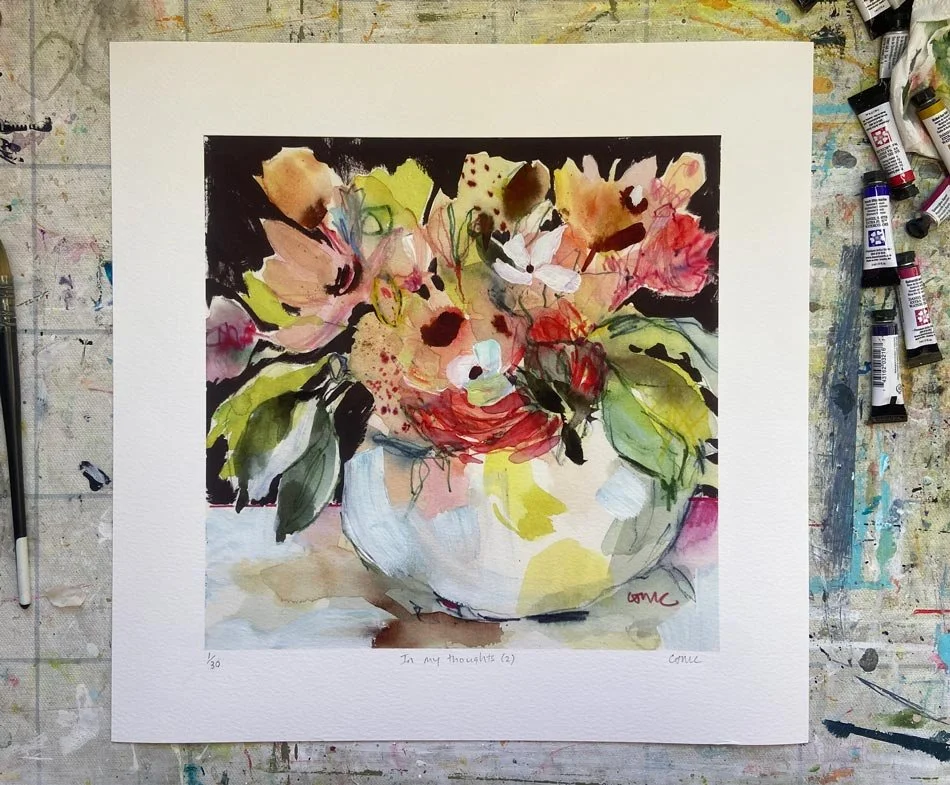 Full view of Abundance limited edition floral Giclée print, with colourful flowers and green leaves spilling from a rounded white vase.