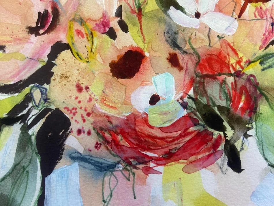 Detail of Abundance floral print showing expressive brushwork, layered textures and vibrant pink, red and white flowers.