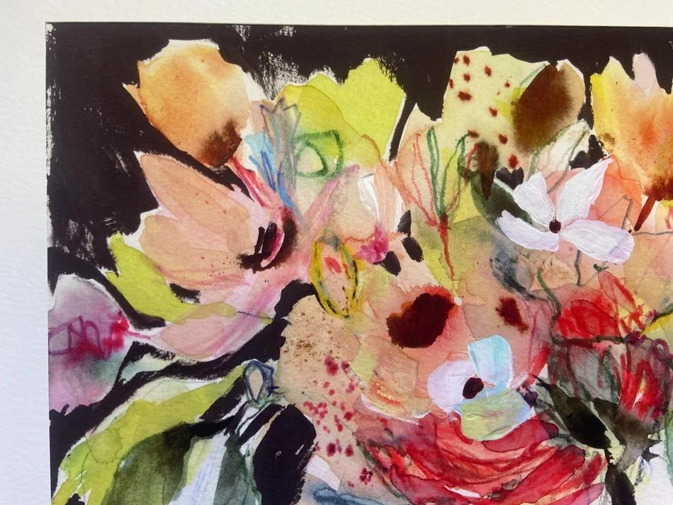 Close-up of Abundance, a colourful floral art print with loose pink, peach and white flowers against a dark background.