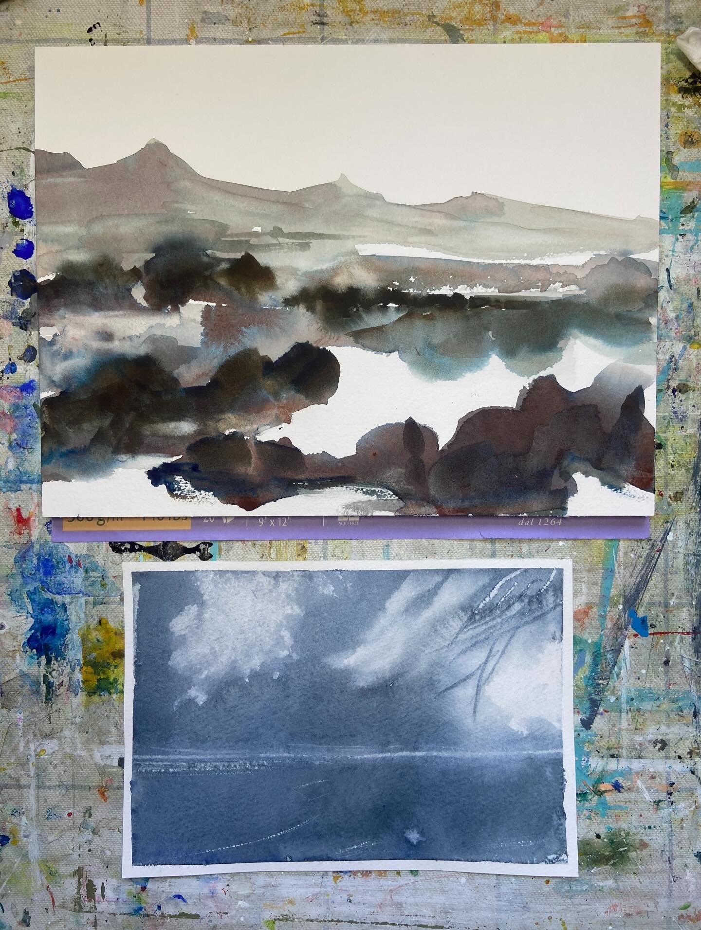 Warmup (bottom) and painting prepped for intermediate Watercolour class on Friday. The warmup practises traditional techniques and the painting is my version of a painting by Claude Lorraine- from an excellent book published by Tate Modern. We&rsquo;