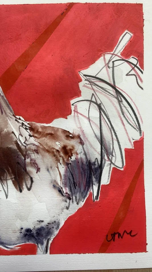 Close-up of original cockerel painting showing expressive tail marks