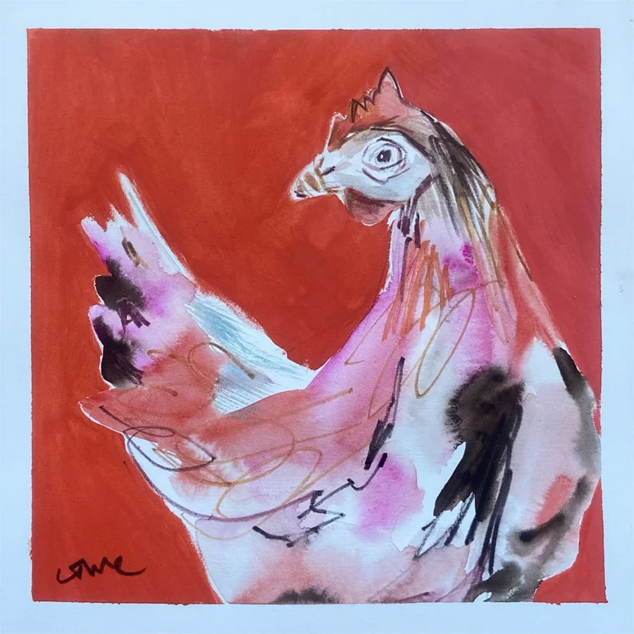 Red Hot Hen, a colourful chicken painting by Catherine Jennifer featuring playful marks and a striking red background.