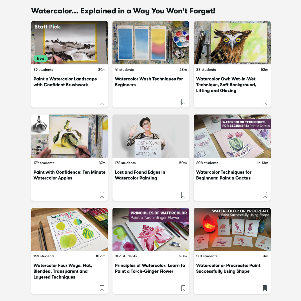Screenshot of some of Catherine Jennifer's Watercolor classes on Skillshare