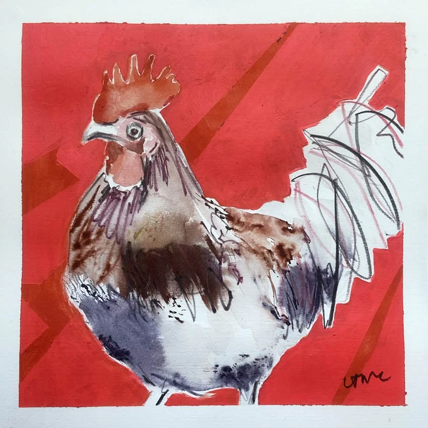 Colourful cockerel watercolour painting with red background