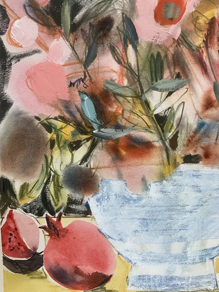 Close up section of Pomp and Pomegranates original mixed media painting by Catherine Jennifer
