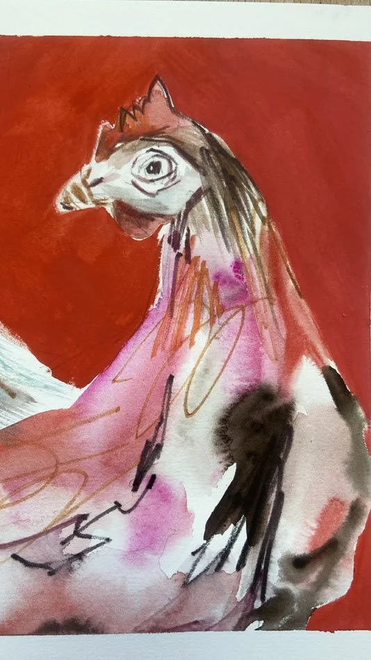 Head and body detail of a vibrant, expressive chicken painting by Catherine Jennifer entitled Red Hot Hen