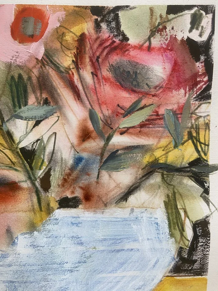 Detail section of Pomp and Pomegranates painting showing soft watercolour blends