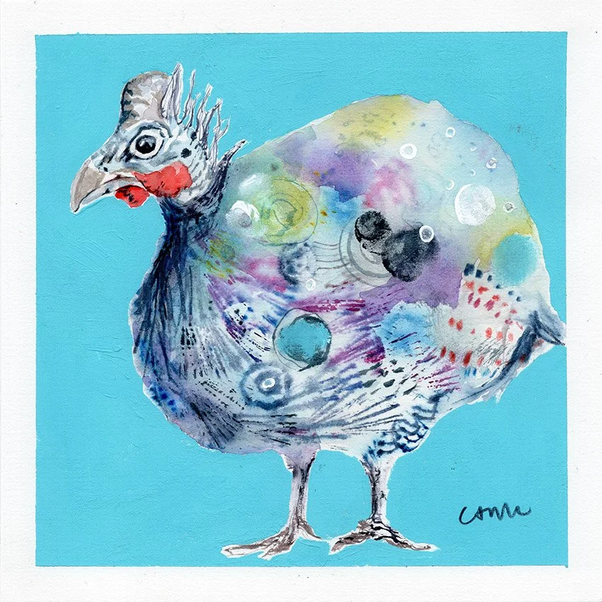 A Little Bit Dotty, a colourful guinea fowl painting by Catherine Jennifer with expressive marks and navy, purple and coral pink feathers.