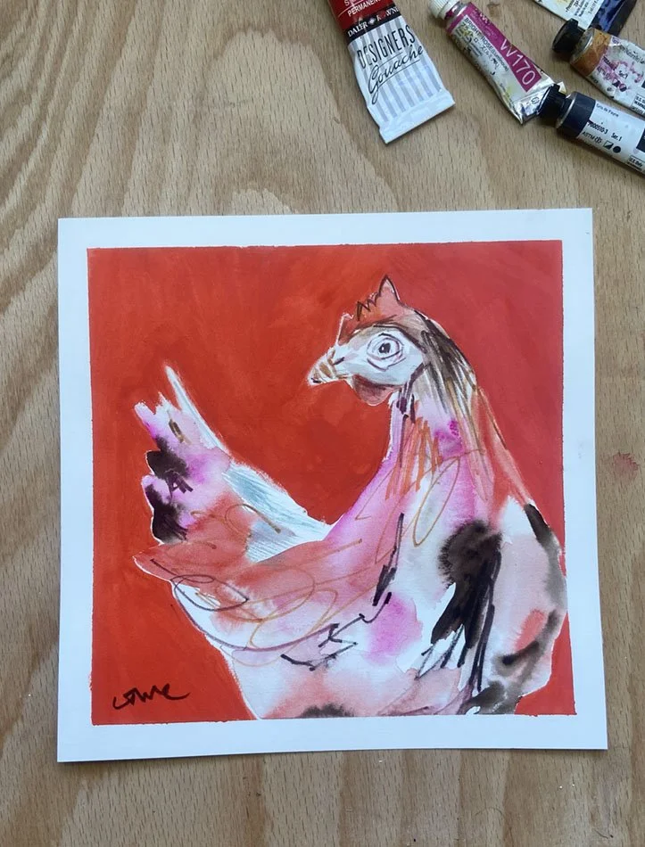 Red Hot Hen, an expressive chicken painting by Catherine Jennifer, featuring bold colours, playful brushwork and a striking red background.