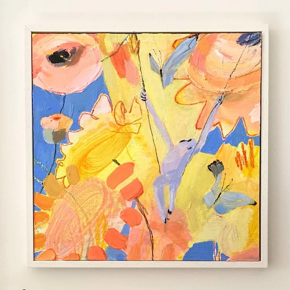 Nothing But Sky, original mixed-media painting by Catherine Jennifer featuring a lilac gibbon swinging among colourful flowers, accompanied by two purple butterflies.
