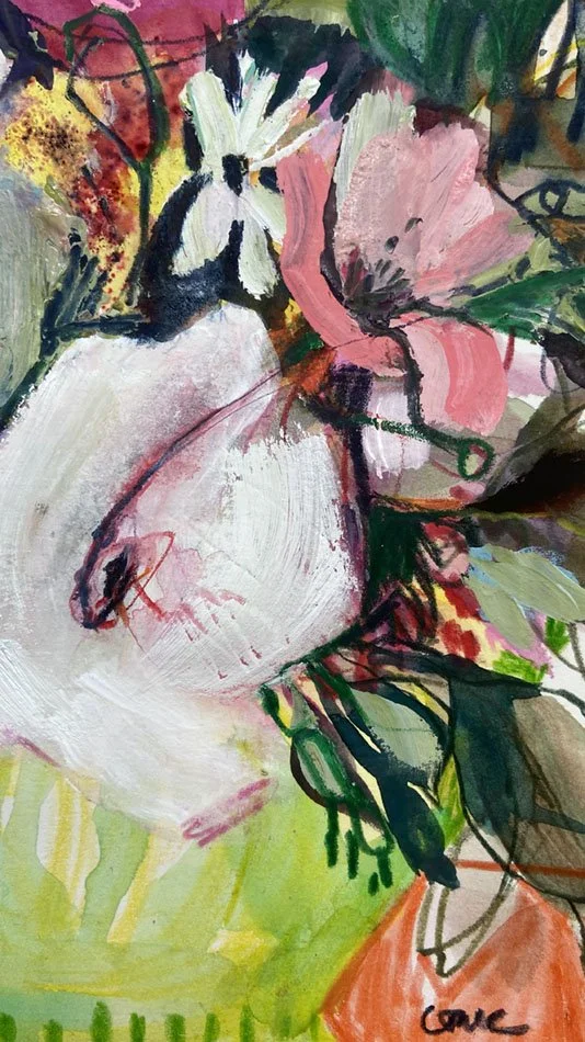 Flower Power - detail of an expressive original floral painting by Catherine Jennifer, featuring luscious thick paint and confident line work.