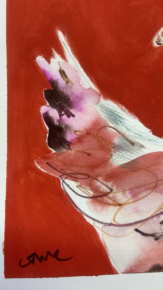 Detail of a vibrant, expressive chicken painting by Catherine Jennifer, featuring bold red, pink and blue colours, playful brushwork and a striking red background.