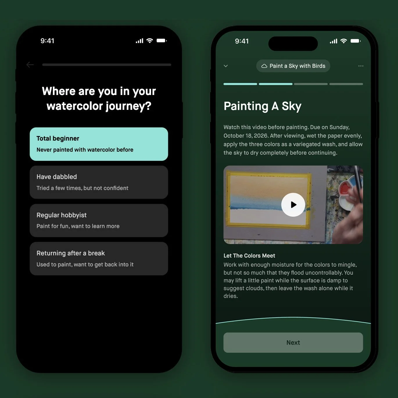 Screenshots of the Watercolor Joy App onboarding process and a glimpse into the video content that is included in the App, How to Paint a Sky in Watercolor