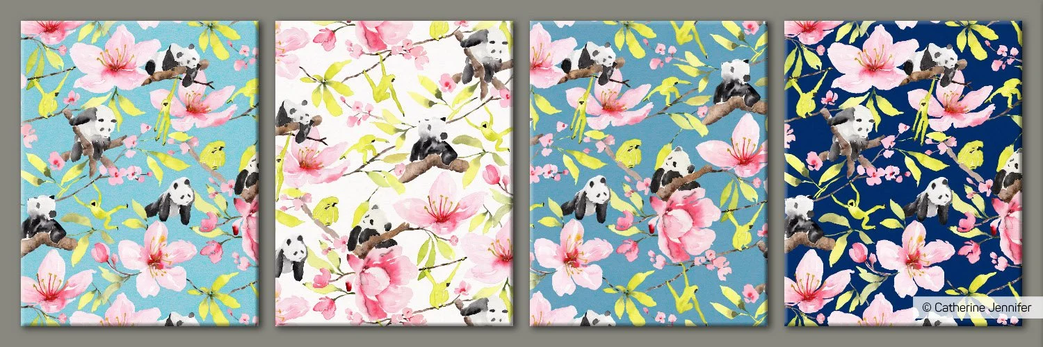 "Come Play, Panda!" - Hand painted watercolour pattern by Catherine Jennifer. Available in four colours.