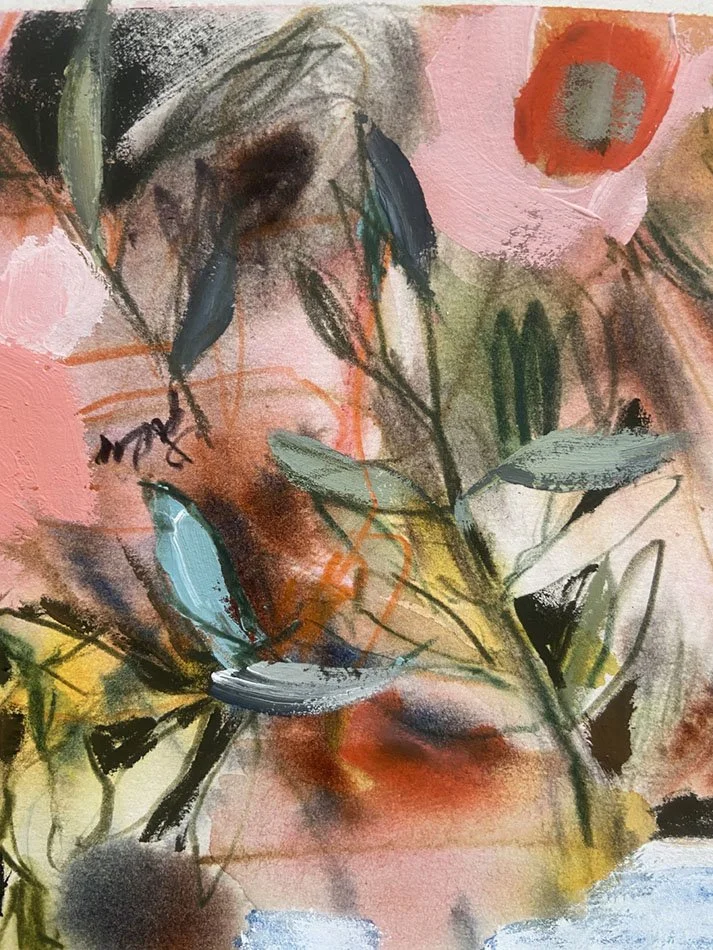 Detail section of Pomp and Pomegranates showing thicker paint and loose lines