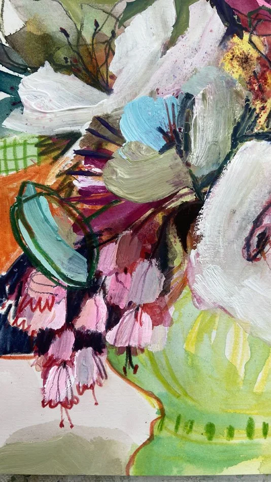 Flower Power — detail of an expressive original floral painting by Catherine Jennifer, featuring luscious thick paint, energetic line work and playful use of pattern