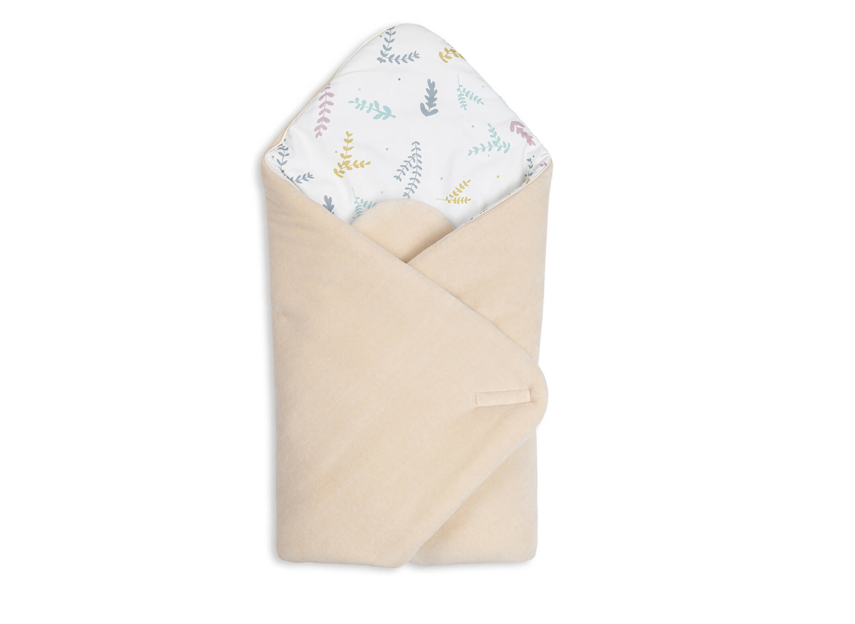 A Beige Velvet swaddle blanket with white lining and scattered leaf print, wrap tie closure, lay flat for tummy time. Moon Ireland EU