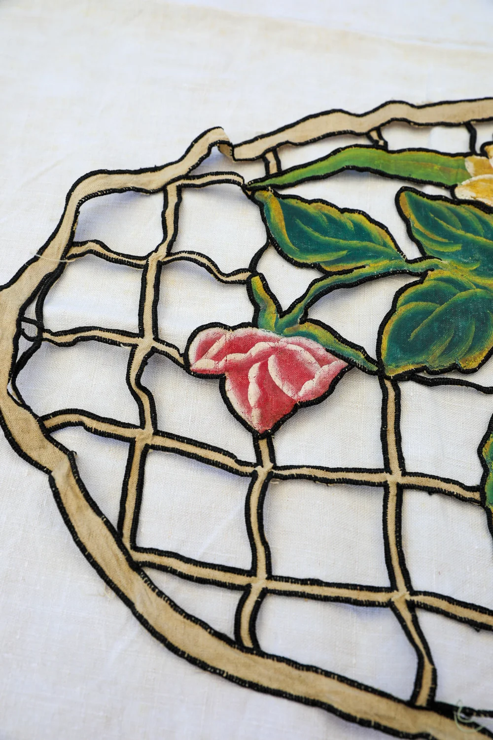 1920s Hand Painted French Art Deco Handmade Pillow Embellishment On Linen Floral Bouquet Cutwork Embroidery Gatsby Vintage Handmade The French Muse