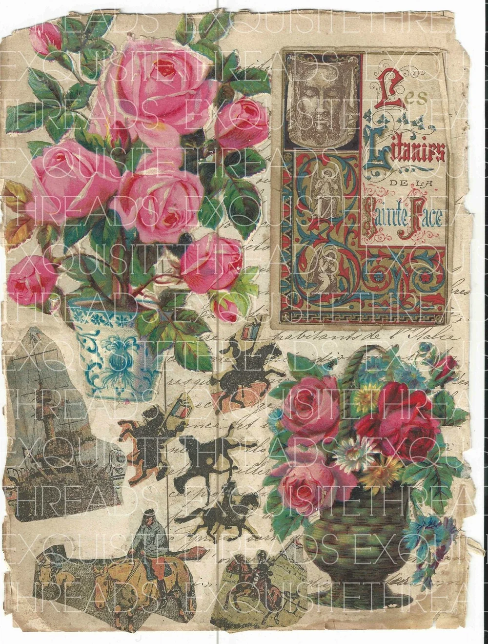 Digital Download French Antique Scrapbook 1800s Art Nouveau Flower Rose Horse Military Prayer Collage Mixed Media Art Jpg Printable Paper The French Muse