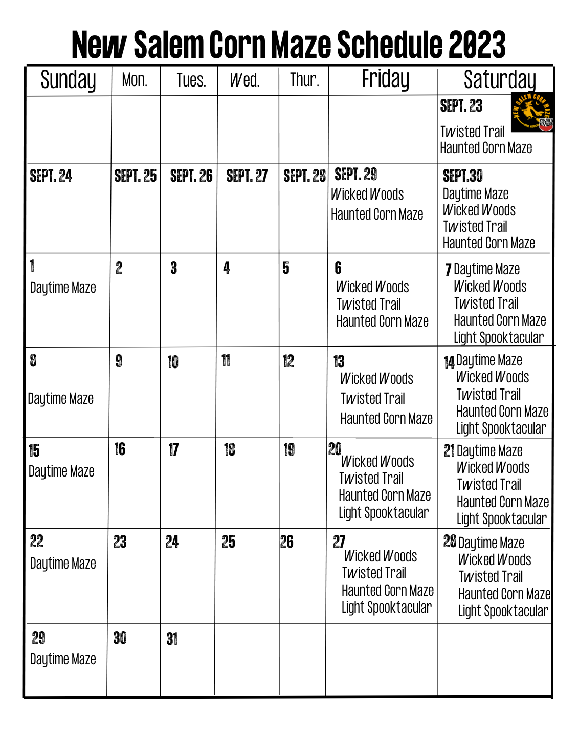 New Salem Haunted Attractions 2023 Schedule