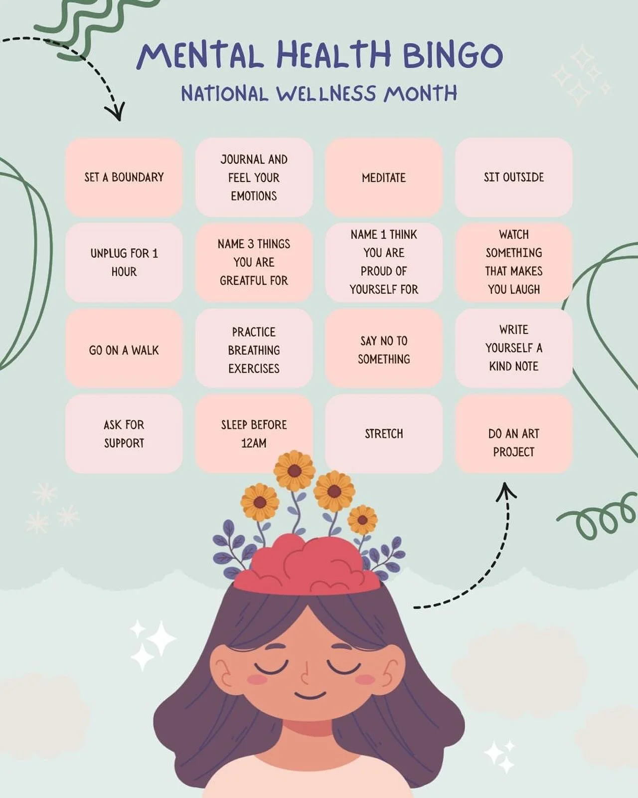 In honor of National Wellness Month, here&rsquo;s a fun way to prioritize your mental well-being 💖
Try to get 5 in a row&mdash;or aim to complete the whole board!
Which square will you start with today?

#mentalhealthmatters #wellnessmonth #therapyt