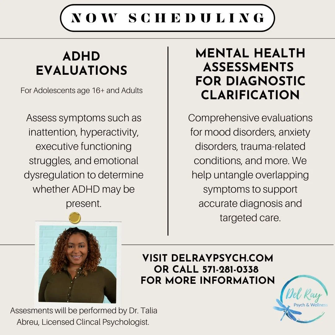 🧠 Psychological Assessments — Now Available at Del Ray Psych!
Performed by Dr. Talia Abreu, PsyD
Gain insight. Find clarity. Move forward with confidence.
✨ Booking now!
Learn more → https://www.delraypsych.com/psychologicalassessment